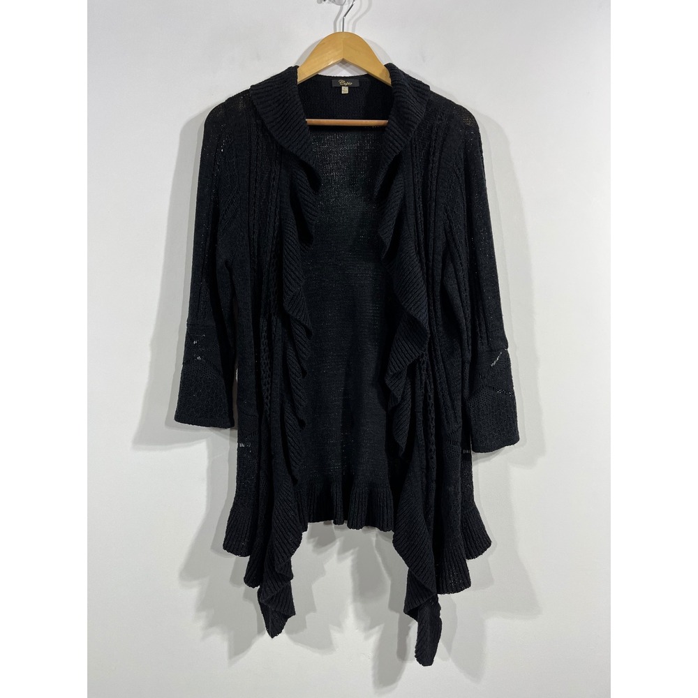 Cupio Penny Lane Bratz Ruffle Open Front Cardigan Knit Sweater Womens Large Boho